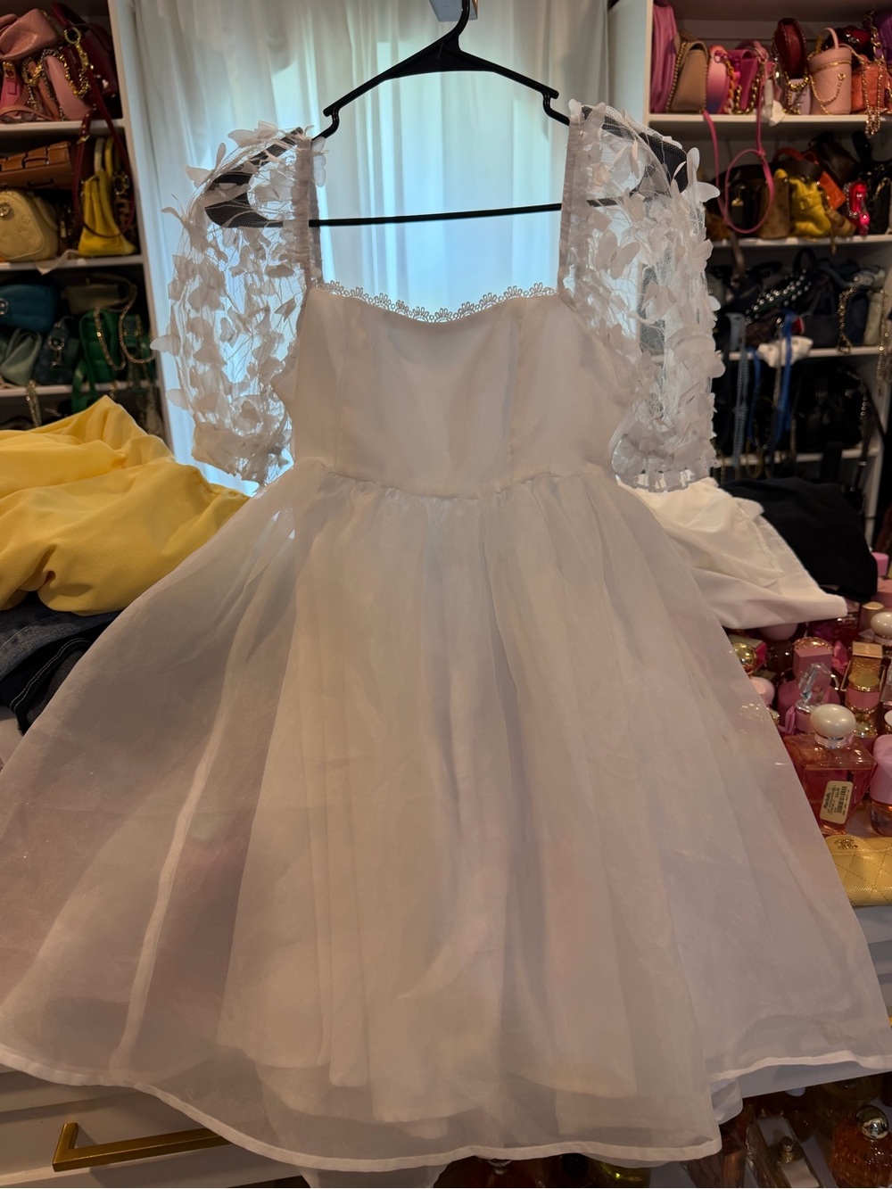Girls White Party Dress with Floral Puff Sleeves